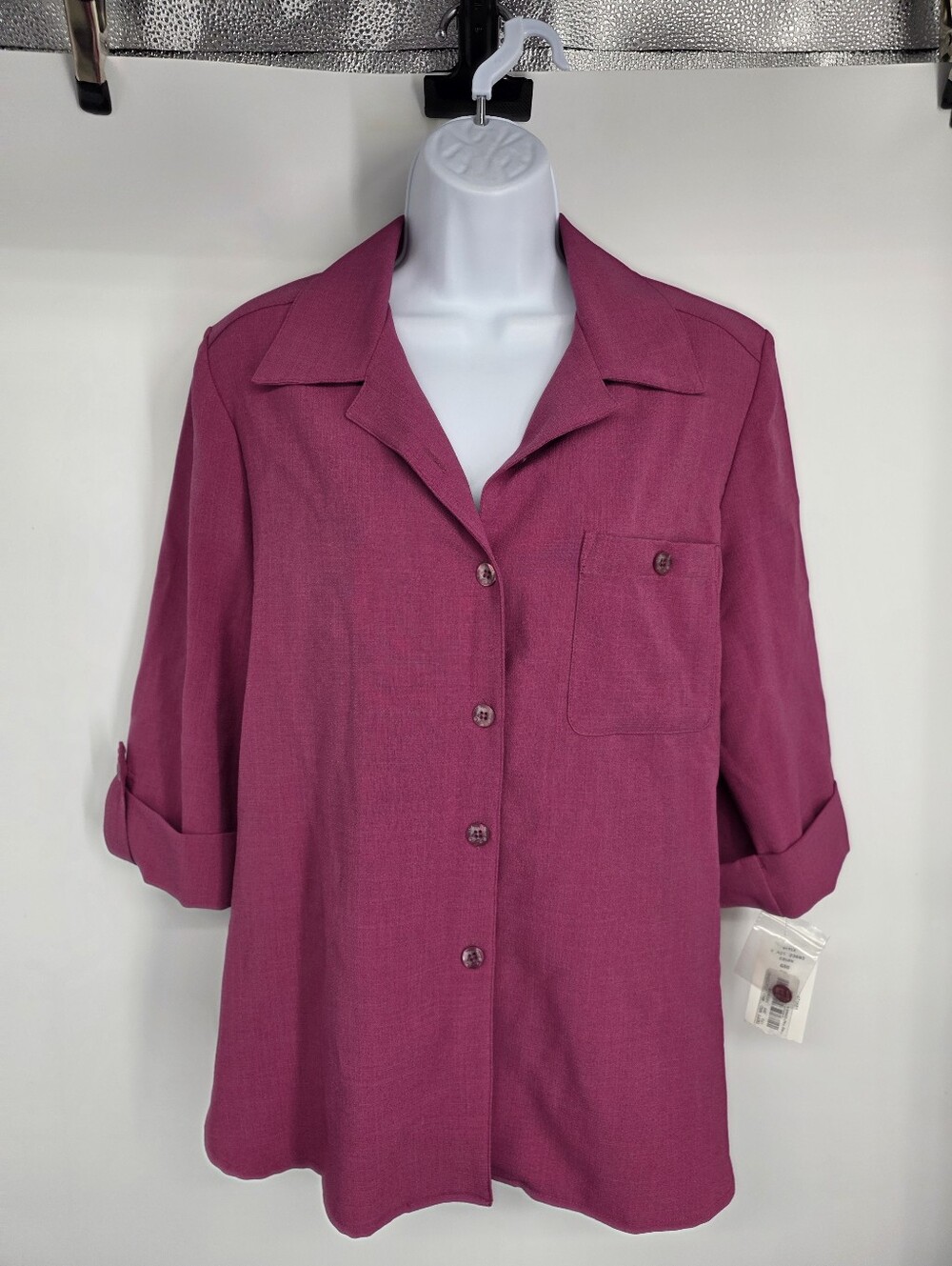 Allison Daley Womens Sz 8 Magenta Pink Textured Button Up 3/4 Sleeve Blouse Top